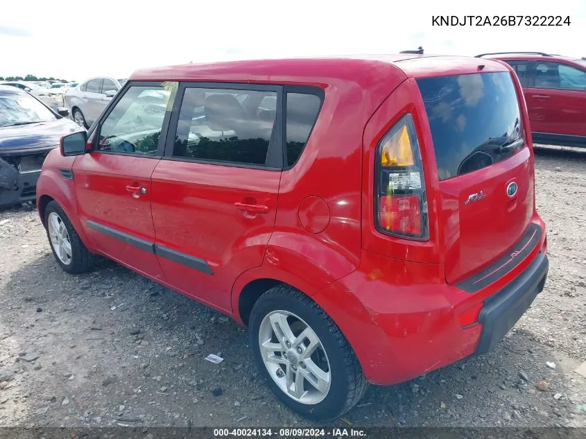 2011 Kia Soul + VIN: KNDJT2A26B7322224 Lot: 40024134