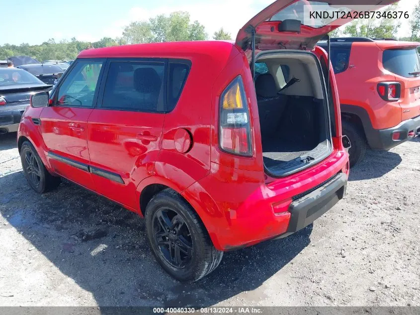 2011 Kia Soul + VIN: KNDJT2A26B7346376 Lot: 40040330