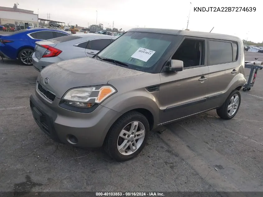 2011 Kia Soul + VIN: KNDJT2A22B7274639 Lot: 40103853