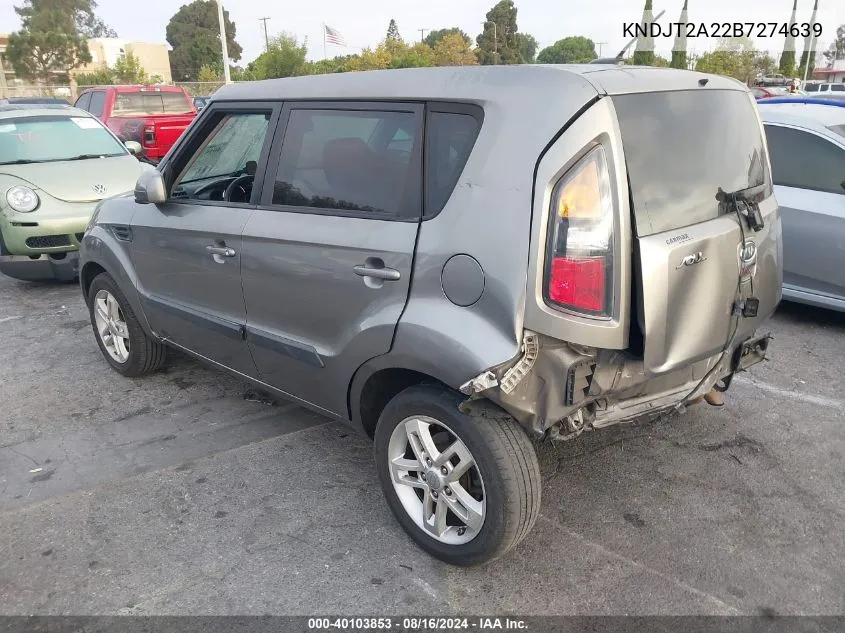 2011 Kia Soul + VIN: KNDJT2A22B7274639 Lot: 40103853