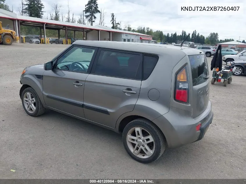 2011 Kia Soul + VIN: KNDJT2A2XB7260407 Lot: 40120984