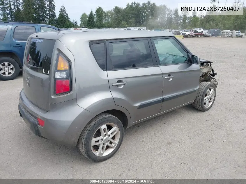 2011 Kia Soul + VIN: KNDJT2A2XB7260407 Lot: 40120984