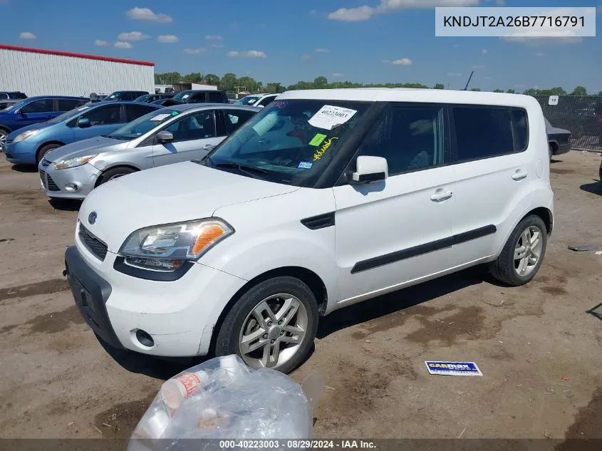 2011 Kia Soul + VIN: KNDJT2A26B7716791 Lot: 40223003