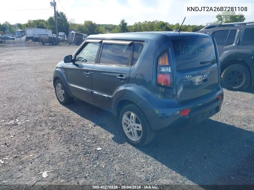 2011 Kia Soul + VIN: KNDJT2A26B7281108 Lot: 40278525