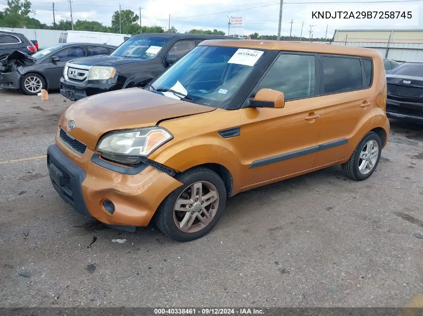 2011 Kia Soul + VIN: KNDJT2A29B7258745 Lot: 40338461