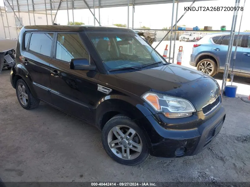 2011 Kia Soul + VIN: KNDJT2A26B7200978 Lot: 40442414