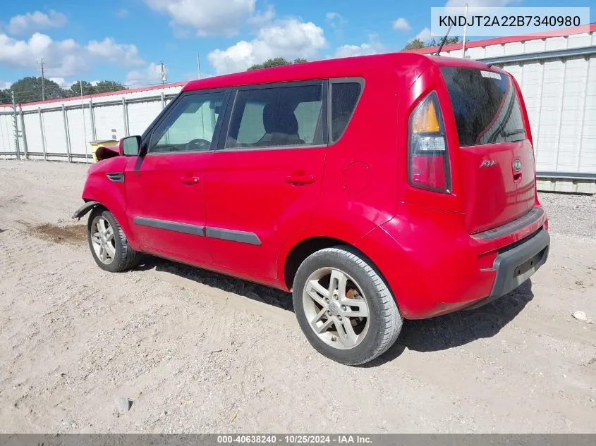 2011 Kia Soul + VIN: KNDJT2A22B7340980 Lot: 40638240