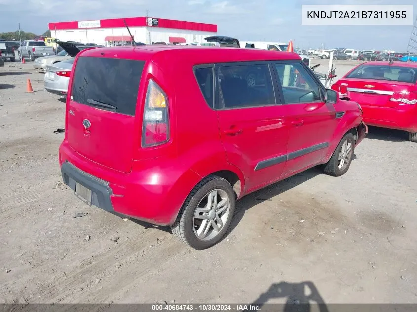 2011 Kia Soul + VIN: KNDJT2A21B7311955 Lot: 40684743