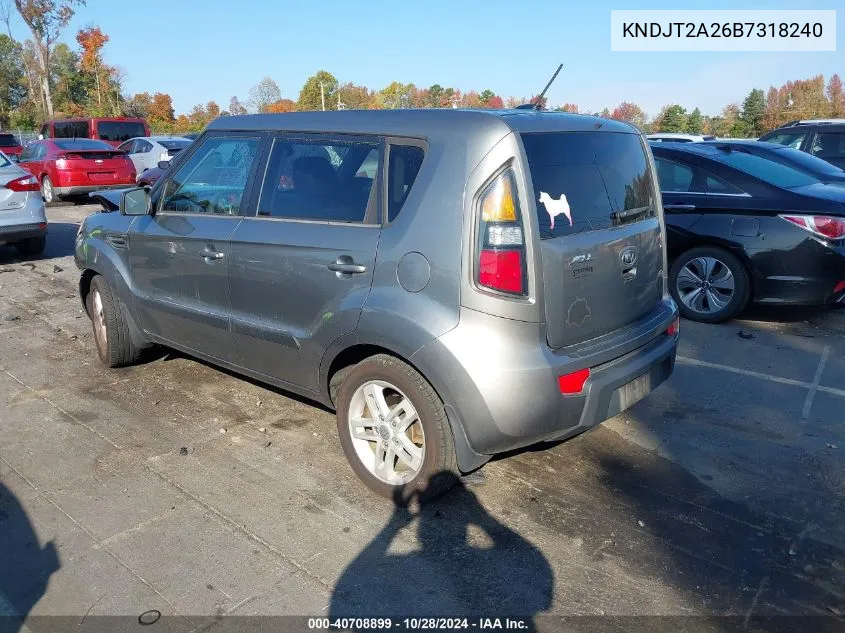 2011 Kia Soul + VIN: KNDJT2A26B7318240 Lot: 40708899