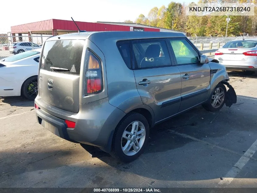 2011 Kia Soul + VIN: KNDJT2A26B7318240 Lot: 40708899