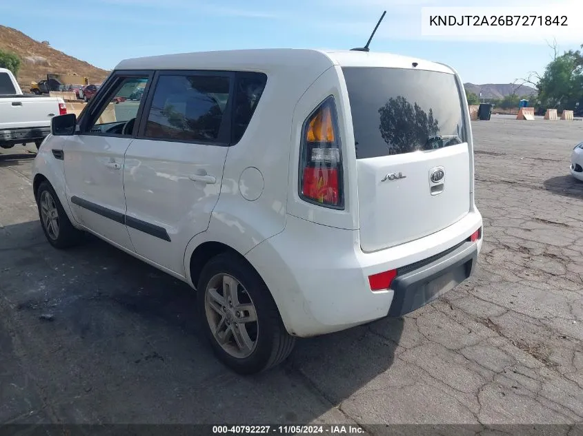 2011 Kia Soul + VIN: KNDJT2A26B7271842 Lot: 40792227