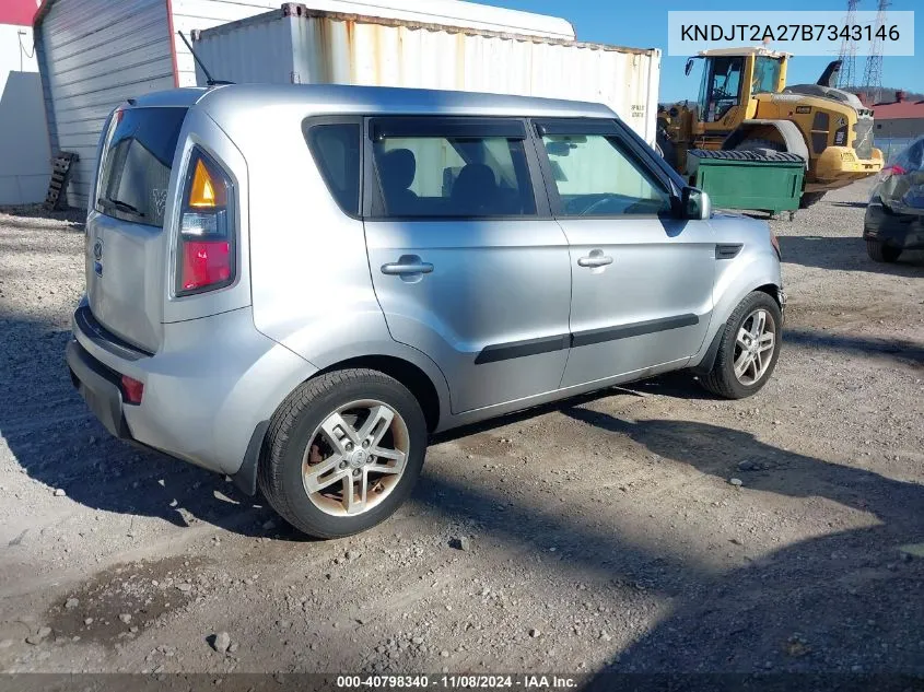 2011 Kia Soul + VIN: KNDJT2A27B7343146 Lot: 40798340