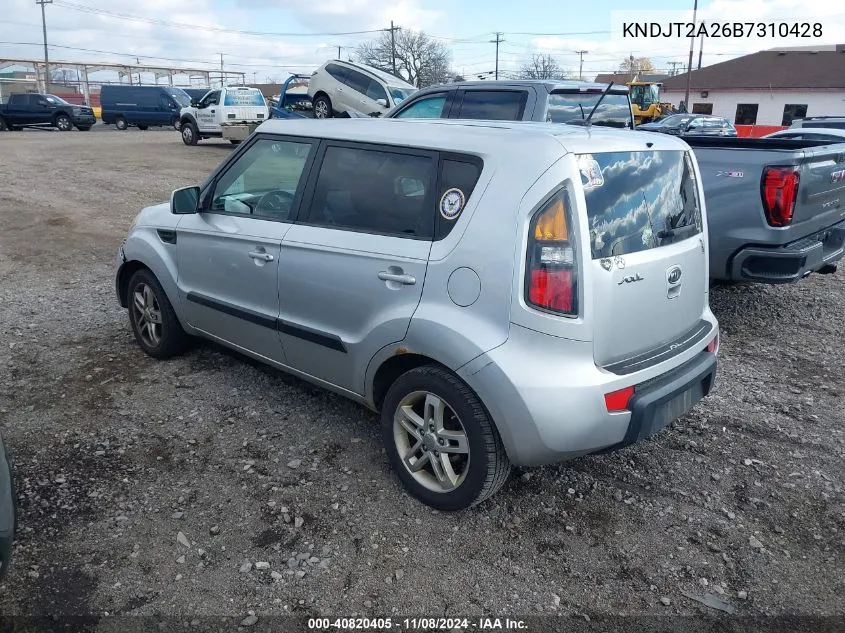 2011 Kia Soul + VIN: KNDJT2A26B7310428 Lot: 40820405