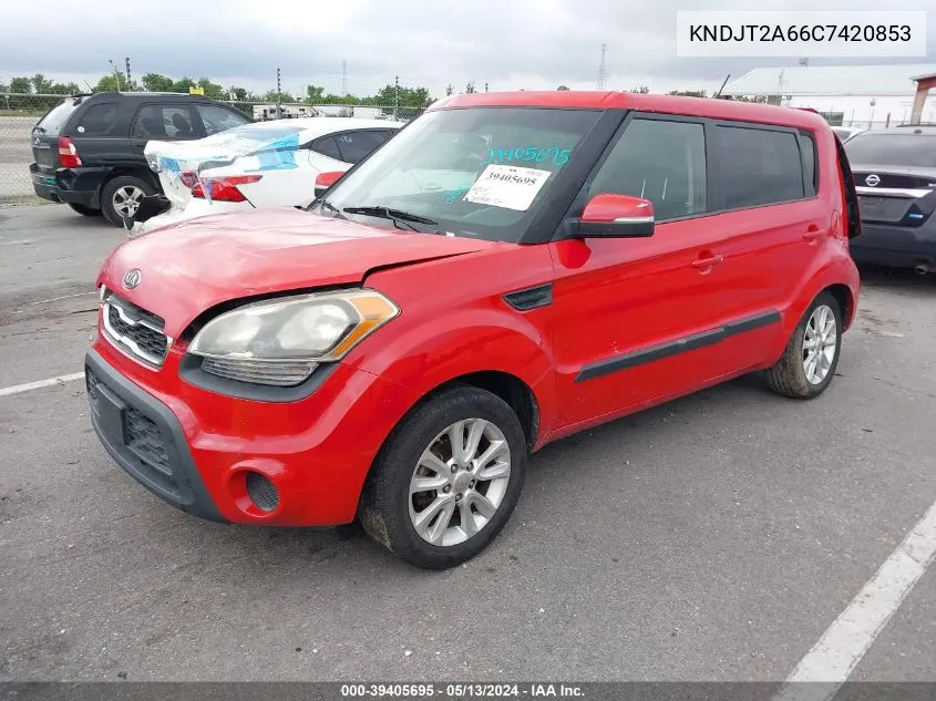 2012 Kia Soul + VIN: KNDJT2A66C7420853 Lot: 39405695