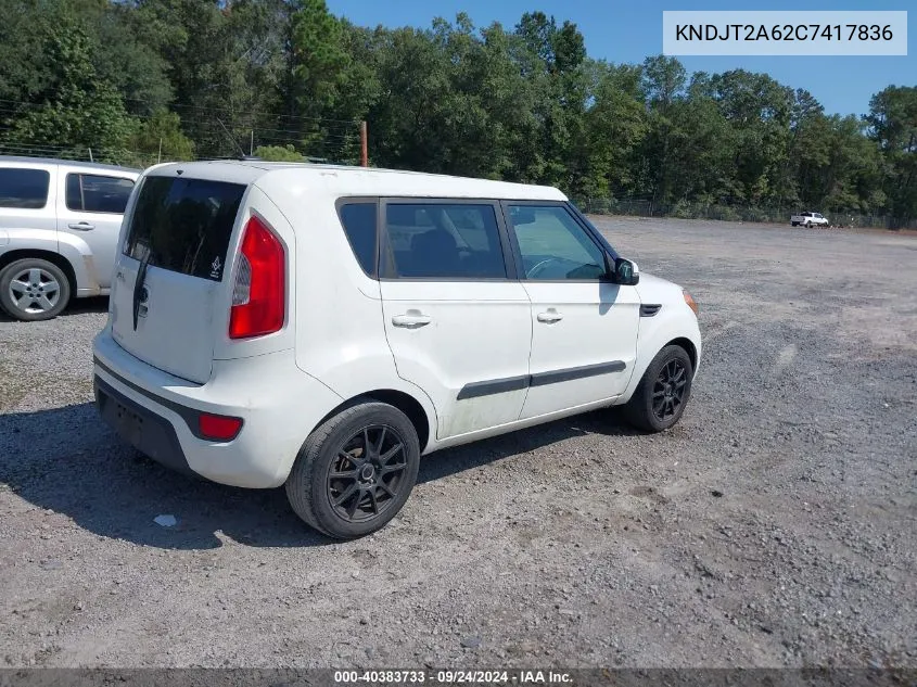 2012 Kia Soul + VIN: KNDJT2A62C7417836 Lot: 40383733