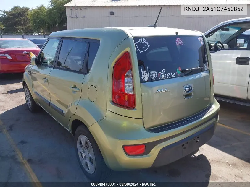 2012 Kia Soul Base VIN: KNDJT2A51C7450852 Lot: 40475001