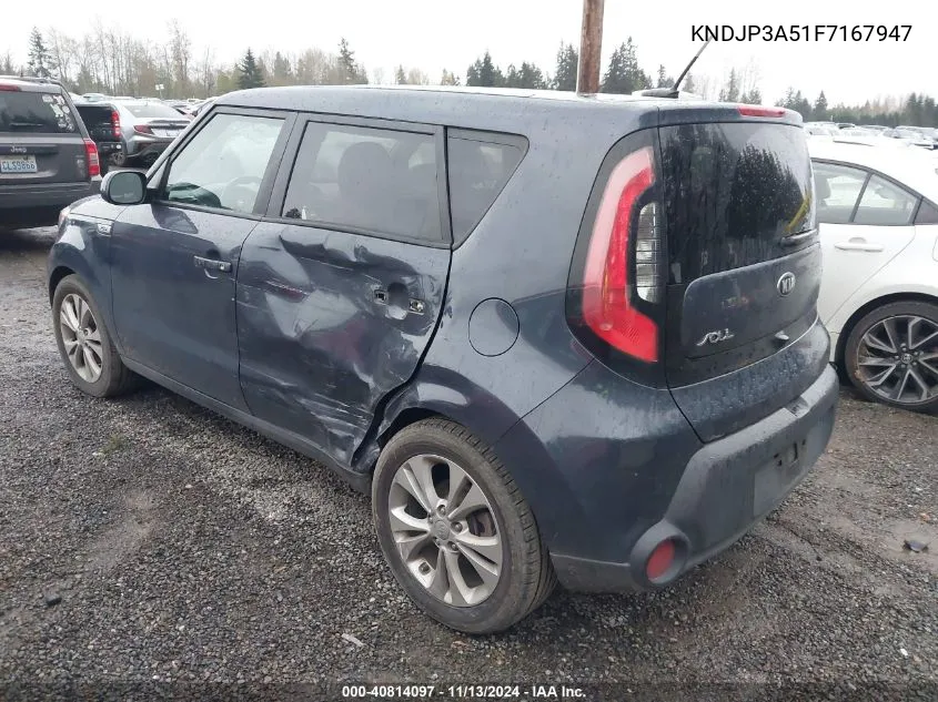 2015 Kia Soul + VIN: KNDJP3A51F7167947 Lot: 40814097