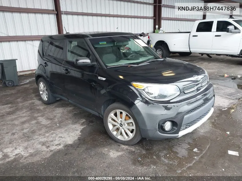 2017 Kia Soul + VIN: KNDJP3A58H7447836 Lot: 40029295