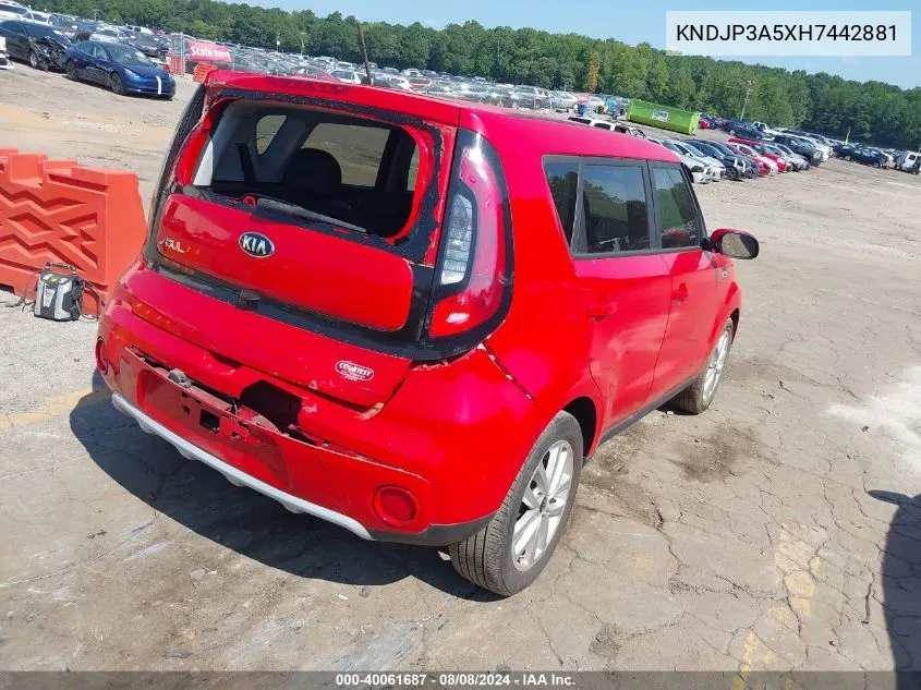 2017 Kia Soul + VIN: KNDJP3A5XH7442881 Lot: 40061687