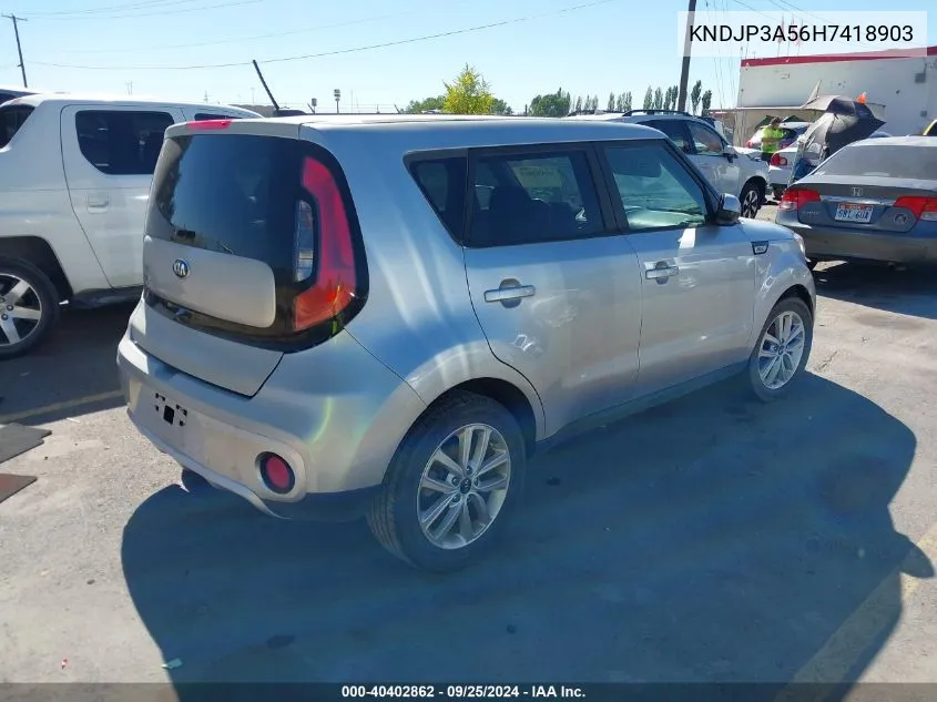 2017 Kia Soul + VIN: KNDJP3A56H7418903 Lot: 40402862