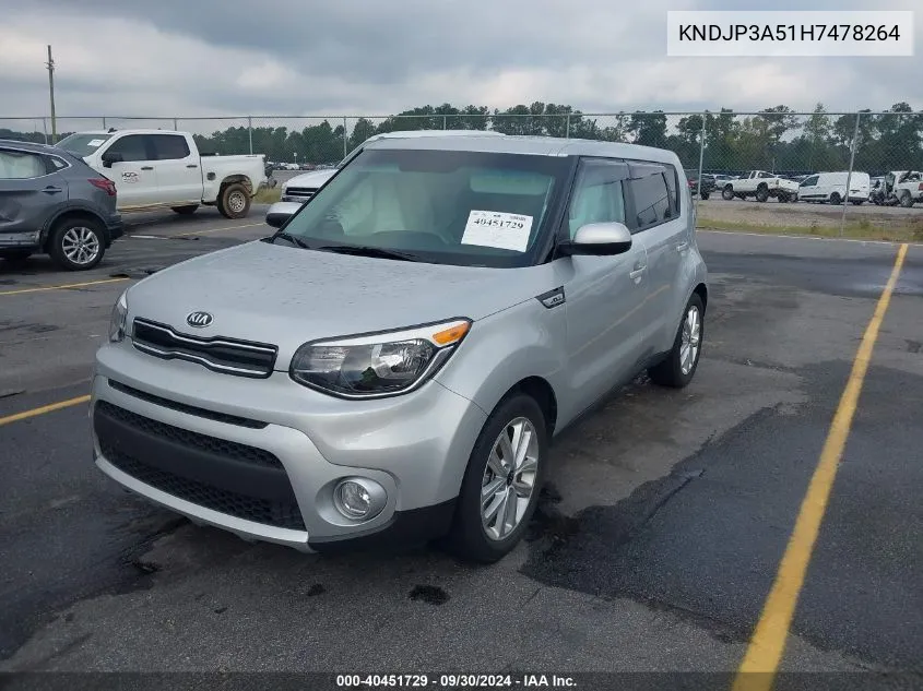 2017 Kia Soul + VIN: KNDJP3A51H7478264 Lot: 40451729