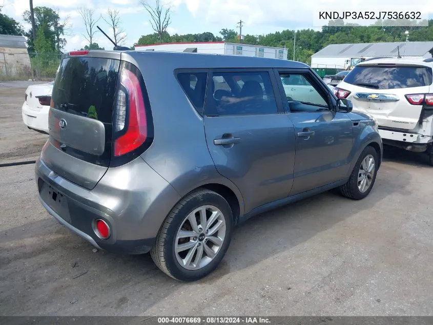 2018 Kia Soul + VIN: KNDJP3A52J7536632 Lot: 40076669