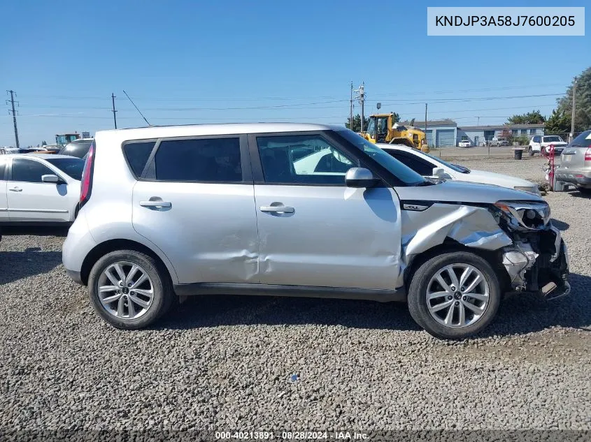 2018 Kia Soul + VIN: KNDJP3A58J7600205 Lot: 40213891