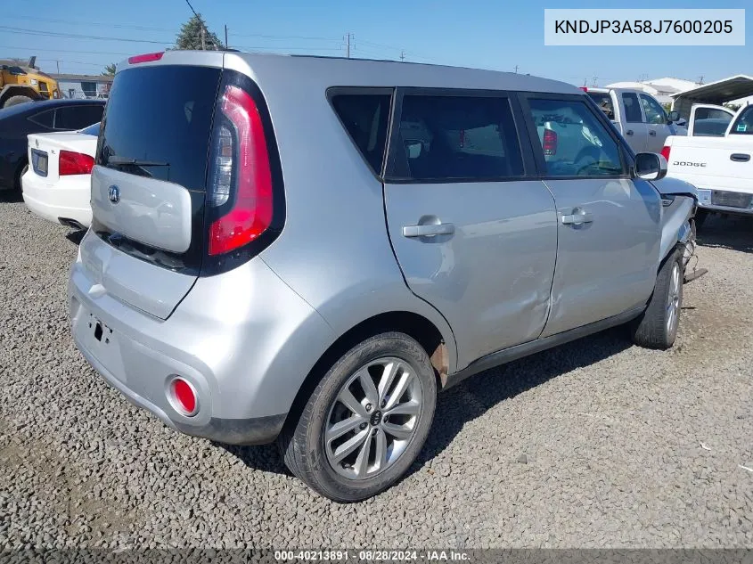 2018 Kia Soul + VIN: KNDJP3A58J7600205 Lot: 40213891