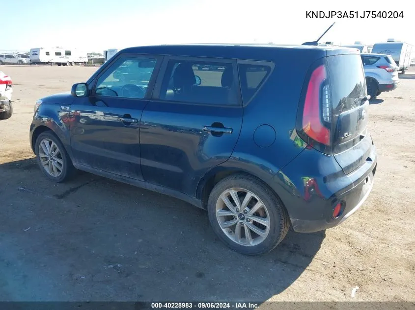 2018 Kia Soul + VIN: KNDJP3A51J7540204 Lot: 40228983