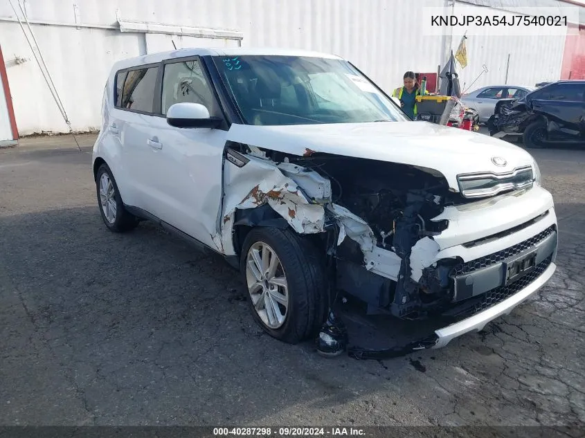 2018 Kia Soul + VIN: KNDJP3A54J7540021 Lot: 40287298