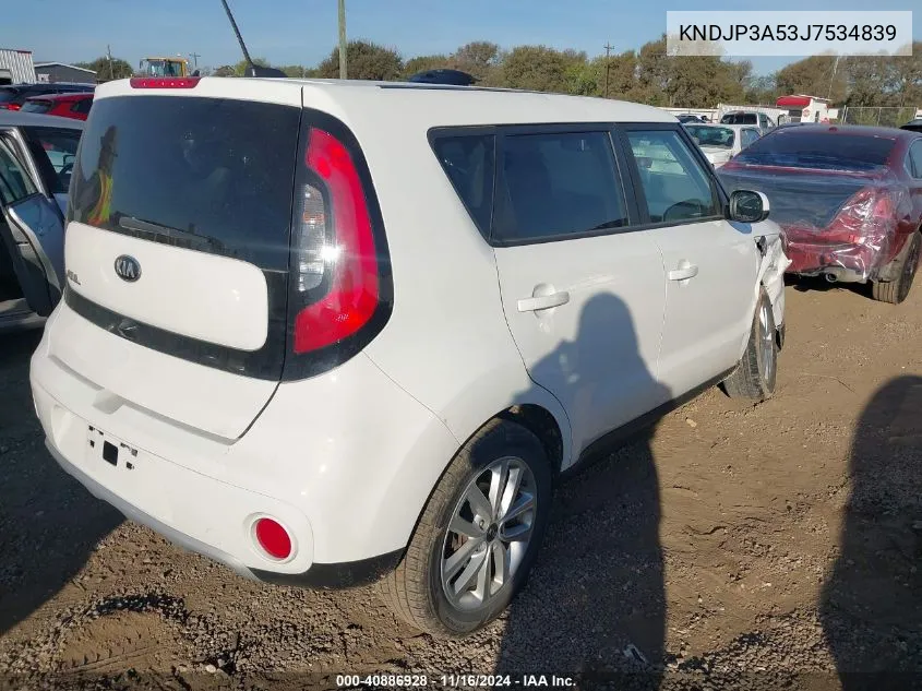 2018 Kia Soul + VIN: KNDJP3A53J7534839 Lot: 40886928