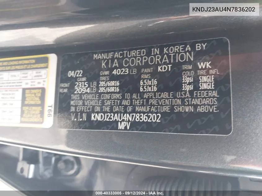 KNDJ23AU4N7836202 2022 Kia Soul Lx/X Line/S