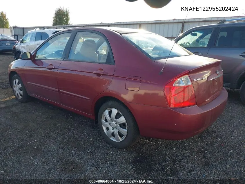 2005 Kia Spectra Ex/Lx/Sx VIN: KNAFE122955202424 Lot: 40664064