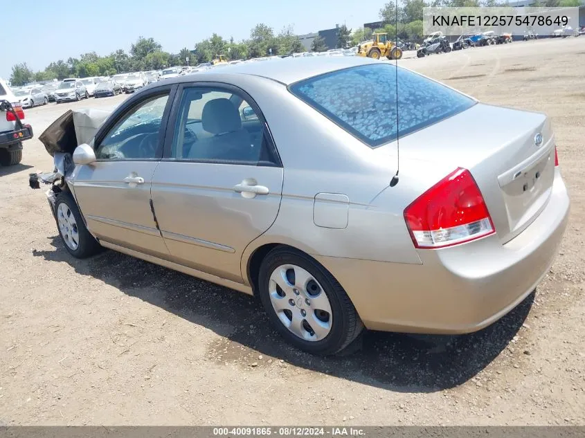 2007 Kia Spectra Ex VIN: KNAFE122575478649 Lot: 40091865