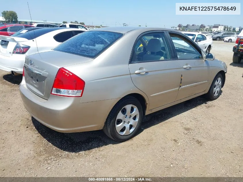 2007 Kia Spectra Ex VIN: KNAFE122575478649 Lot: 40091865