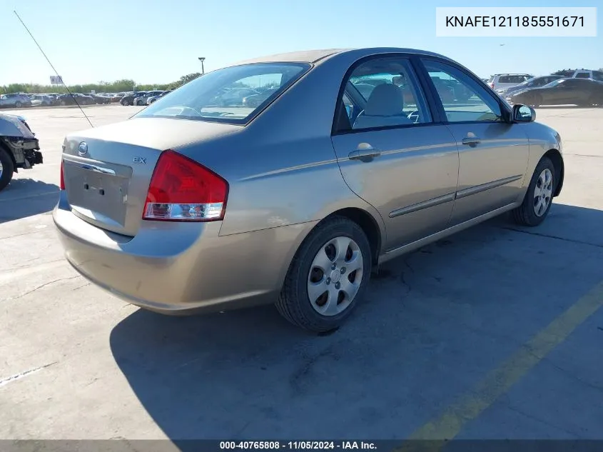 2008 Kia Spectra Ex VIN: KNAFE121185551671 Lot: 40765808