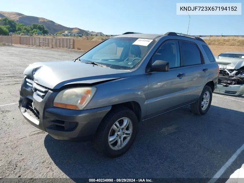 2006 Kia Sportage Ex V6/Lx V6 VIN: KNDJF723X67194152 Lot: 40234998