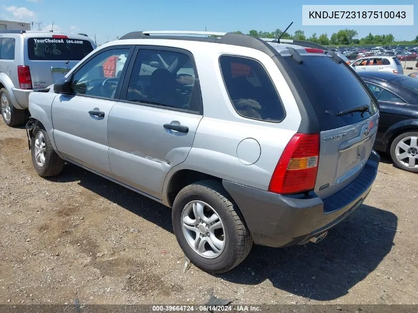 2008 Kia Sportage Lx V6 VIN: KNDJE723187510043 Lot: 39664724