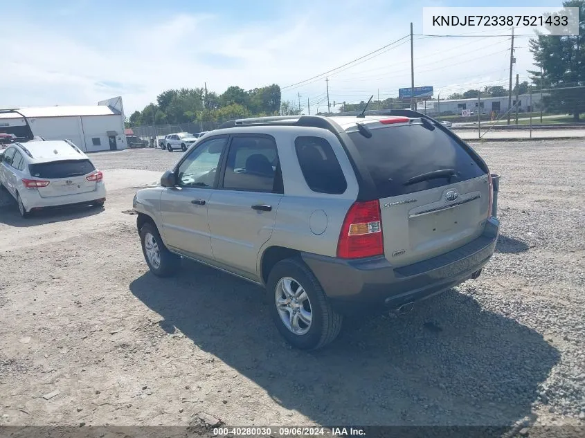 2008 Kia Sportage Lx V6 VIN: KNDJE723387521433 Lot: 40280030