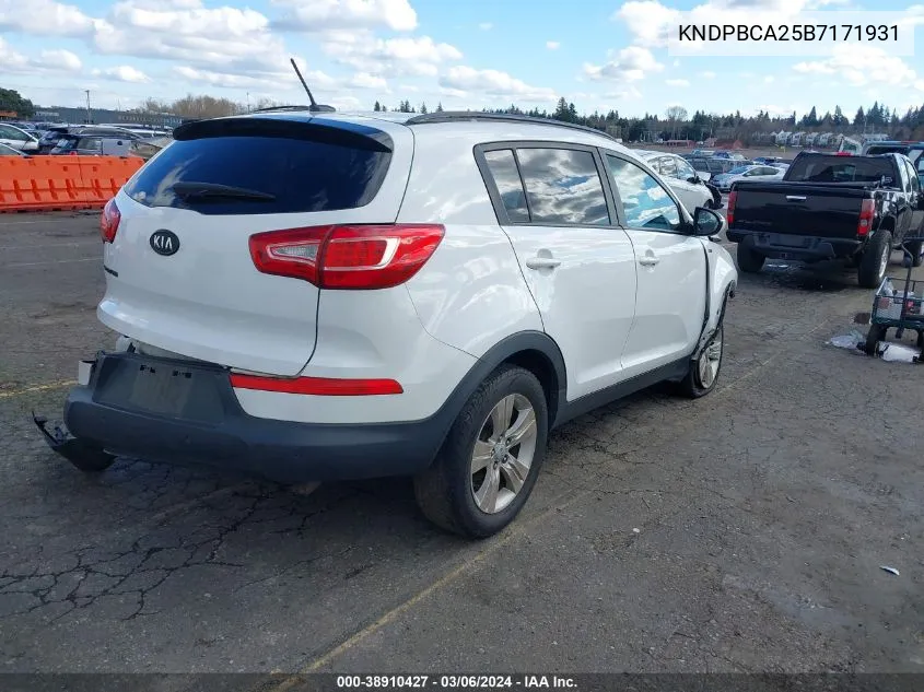 2011 Kia Sportage Lx VIN: KNDPBCA25B7171931 Lot: 38910427