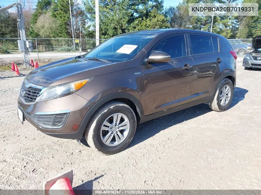 2011 Kia Sportage Lx VIN: KNDPBCA20B7019331 Lot: 40916247