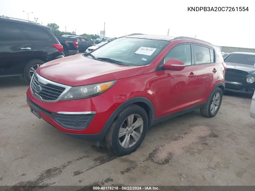 2012 Kia Sportage Lx VIN: KNDPB3A20C7261554 Lot: 40178218