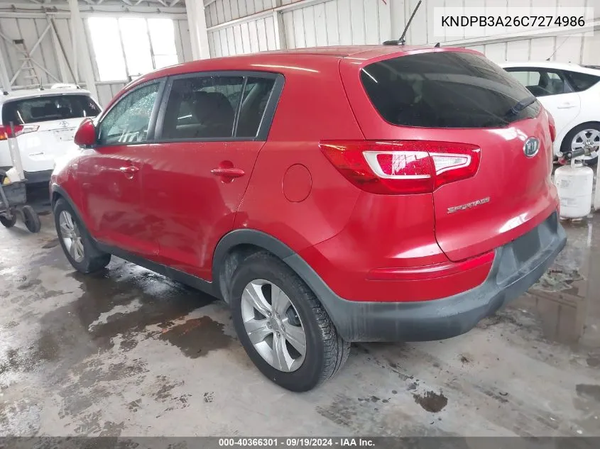 2012 Kia Sportage Lx VIN: KNDPB3A26C7274986 Lot: 40366301