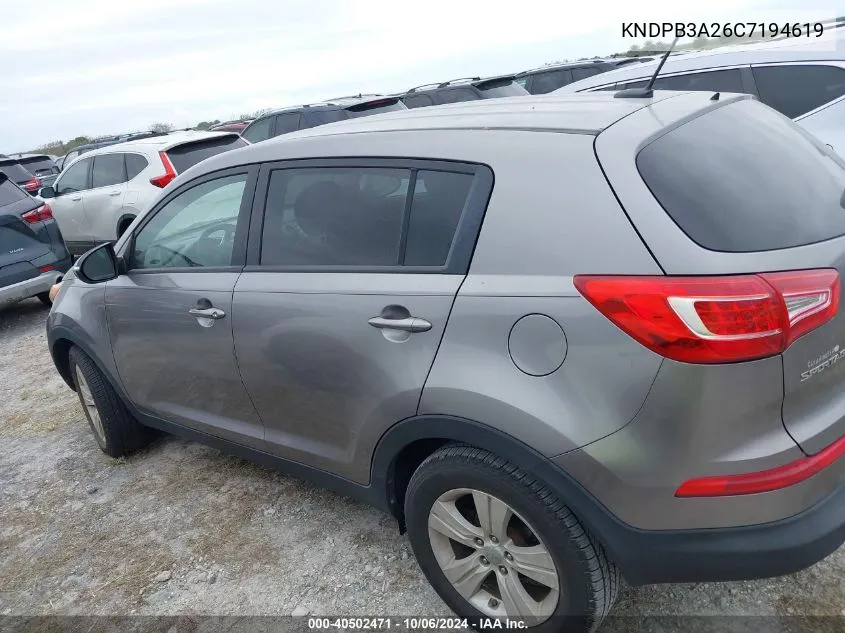 2012 Kia Sportage Lx VIN: KNDPB3A26C7194619 Lot: 40502471