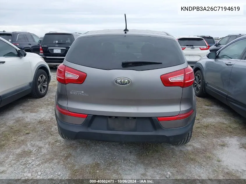 2012 Kia Sportage Lx VIN: KNDPB3A26C7194619 Lot: 40502471