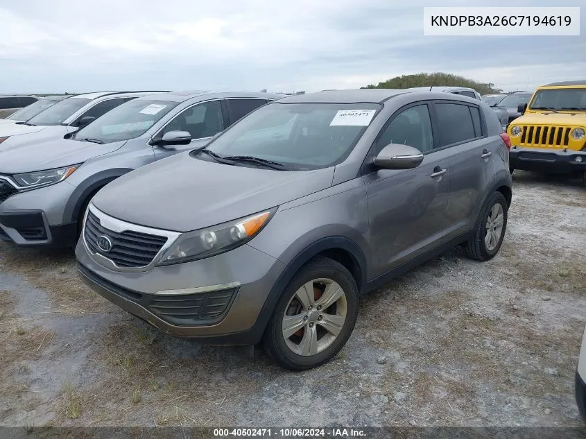 2012 Kia Sportage Lx VIN: KNDPB3A26C7194619 Lot: 40502471