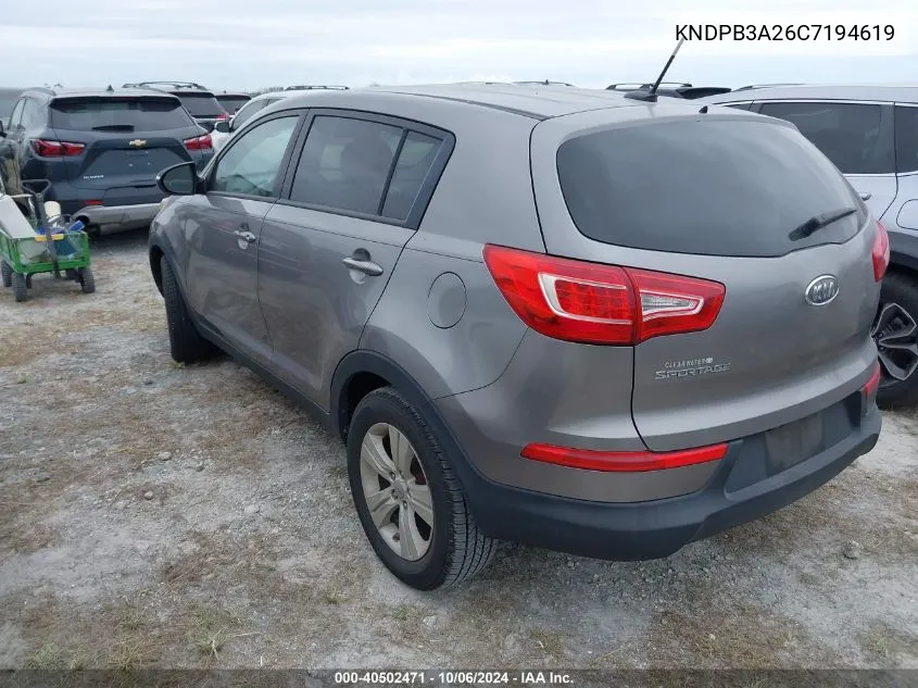 2012 Kia Sportage Lx VIN: KNDPB3A26C7194619 Lot: 40502471