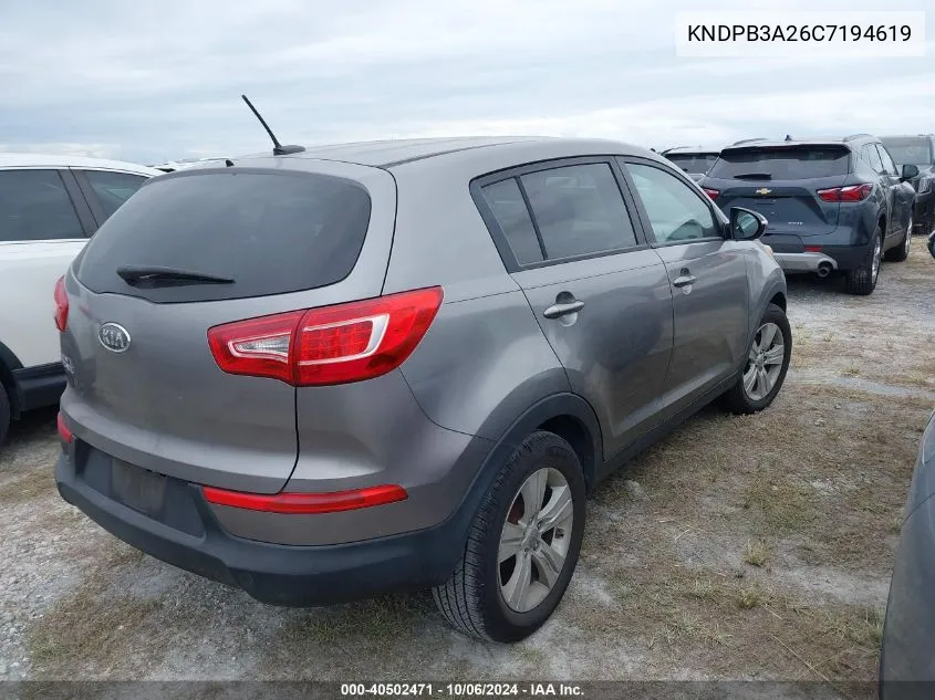 2012 Kia Sportage Lx VIN: KNDPB3A26C7194619 Lot: 40502471