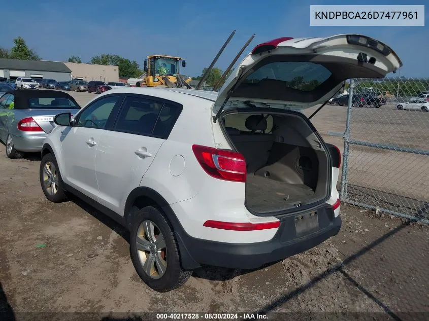 2013 Kia Sportage Lx VIN: KNDPBCA26D7477961 Lot: 40217528