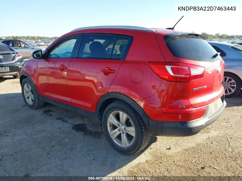 2013 Kia Sportage Lx VIN: KNDPB3A22D7463443 Lot: 40786916